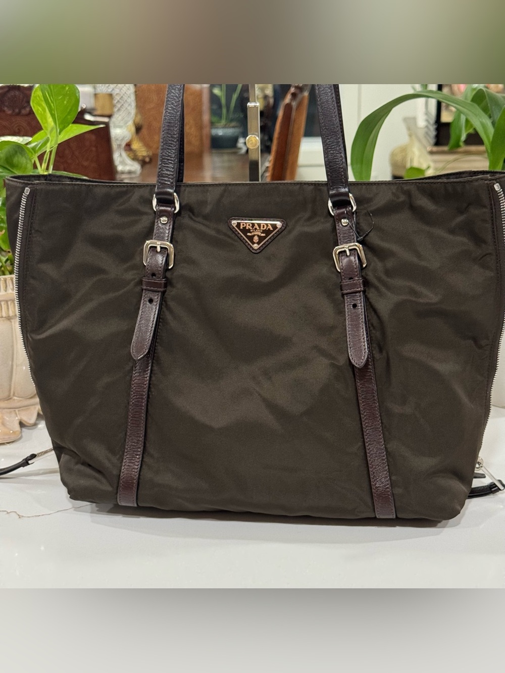 Prada Army Green Nylon Tote with Leather Shoulder Straps